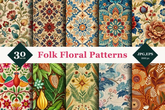 Folk Floral Seamless Patterns 03: Rustic Elegance for Creative Projects
