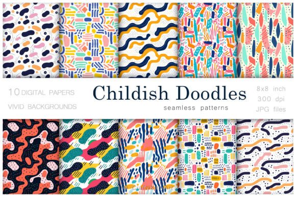 Kids Baby Color Doodle Seamless Patterns