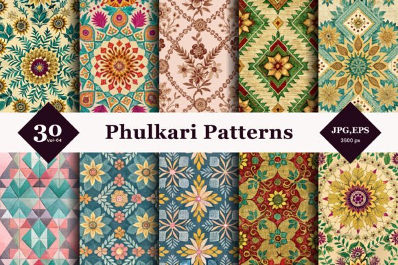 Phulkari Style Seamless Patterns 04: A Digital Celebration of Punjabi Heritage