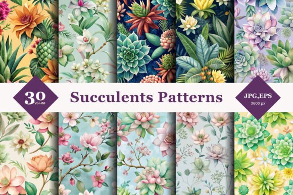 Succulents Floral Seamless Patterns 06