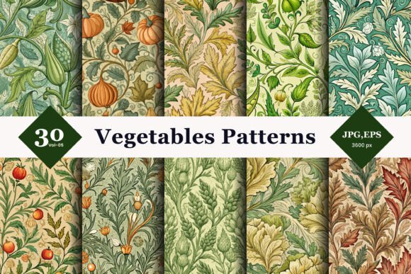 Vegetables with Leaf Vines Seamless Patterns 05: A Botanical Design Collection for Creative Projects